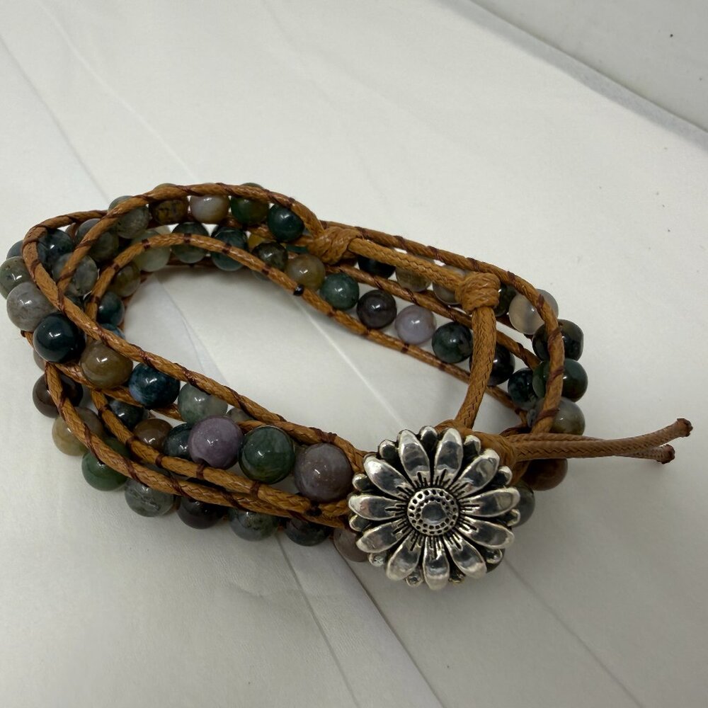 Leather Stone Wrap Bracelet | Natural Stone Beads | Adjustable Boho Wrap